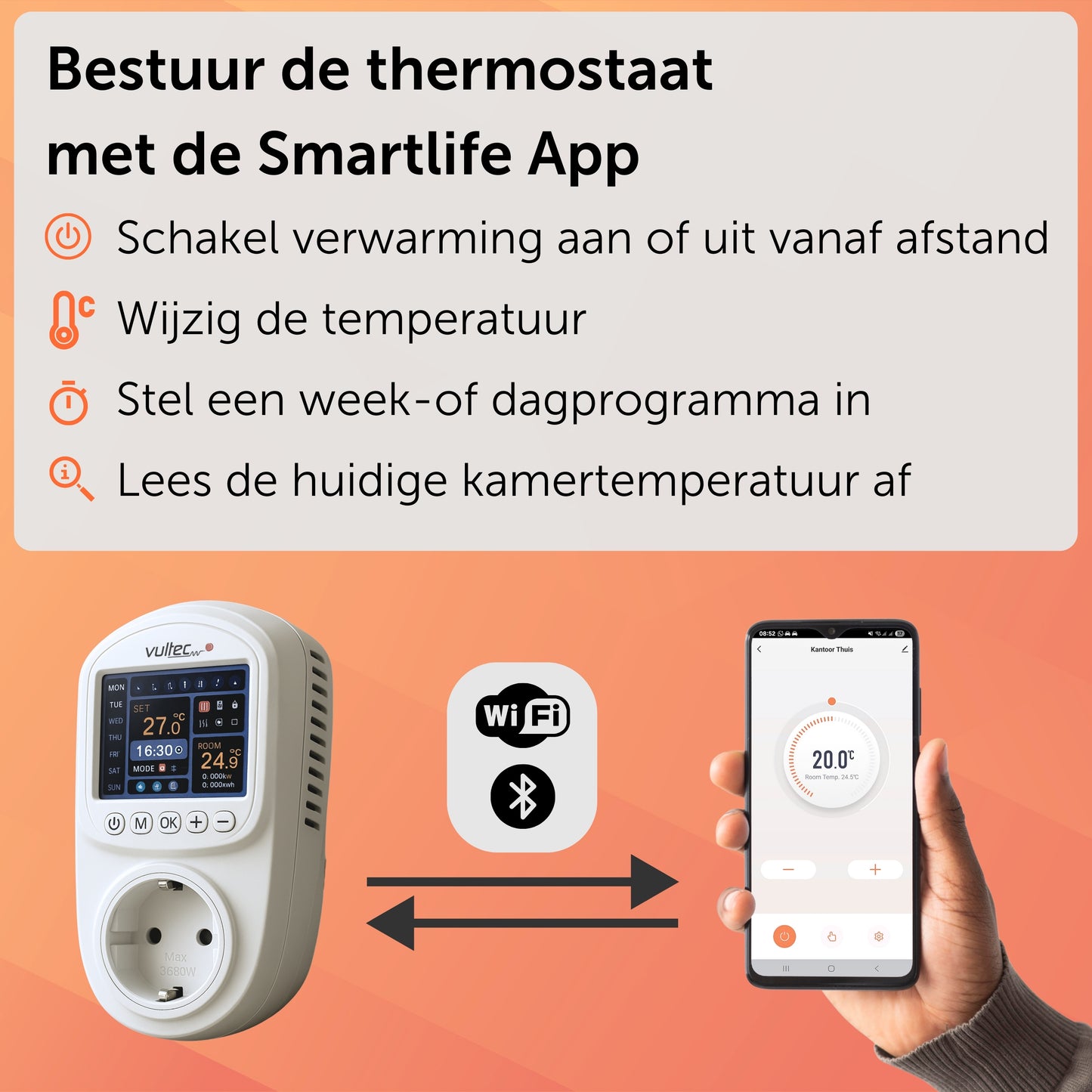 Vultec IQP Thermostaat - Smart Wifi thermostaat - programmeerbaar - Plugin - Stekker