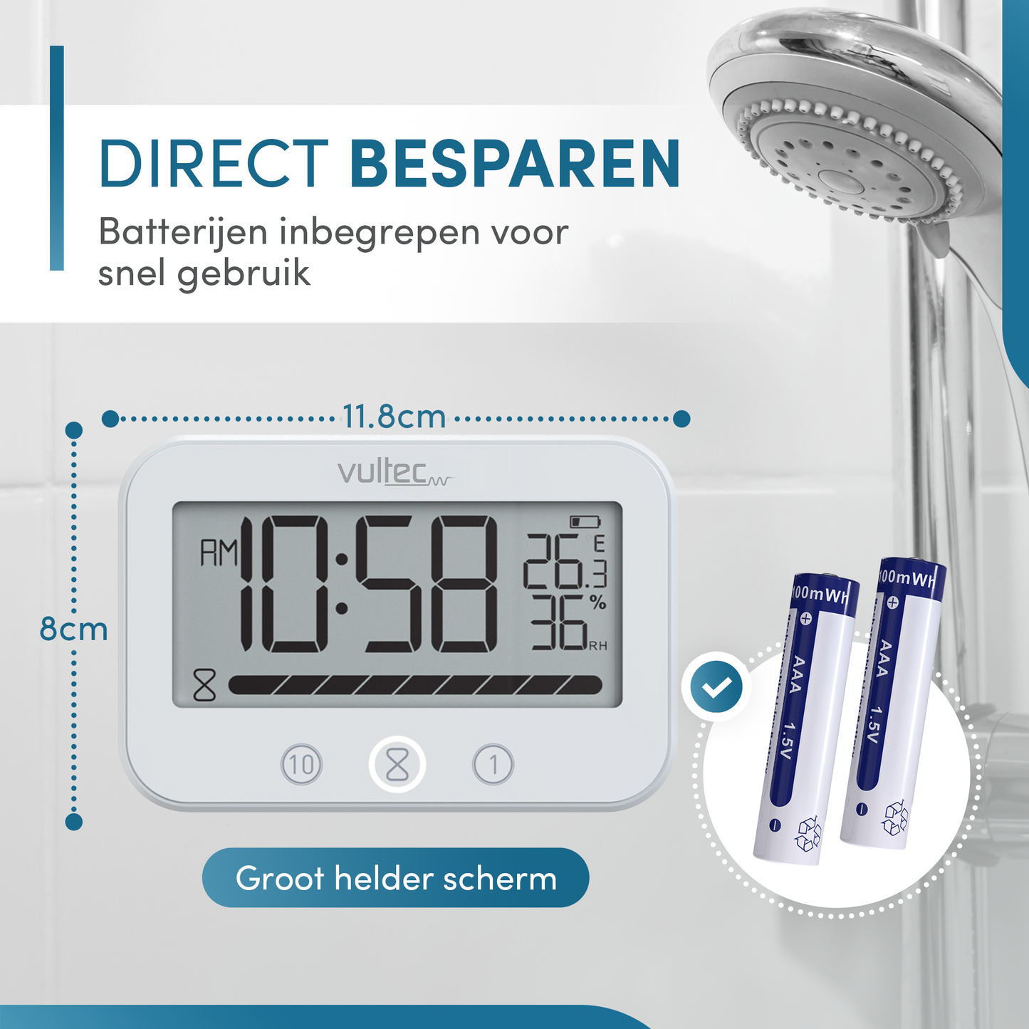 Douchetimer T7 - Digitale waterdichte timer - Digitaal - Wit - IPX4