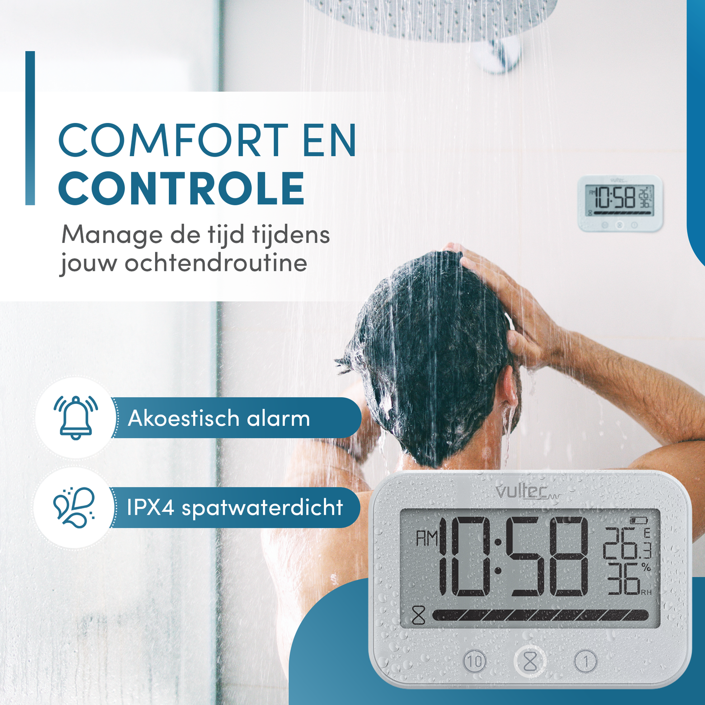 Douchetimer T5 - Digitale waterdichte timer - Digitaal - Wit - IPX4