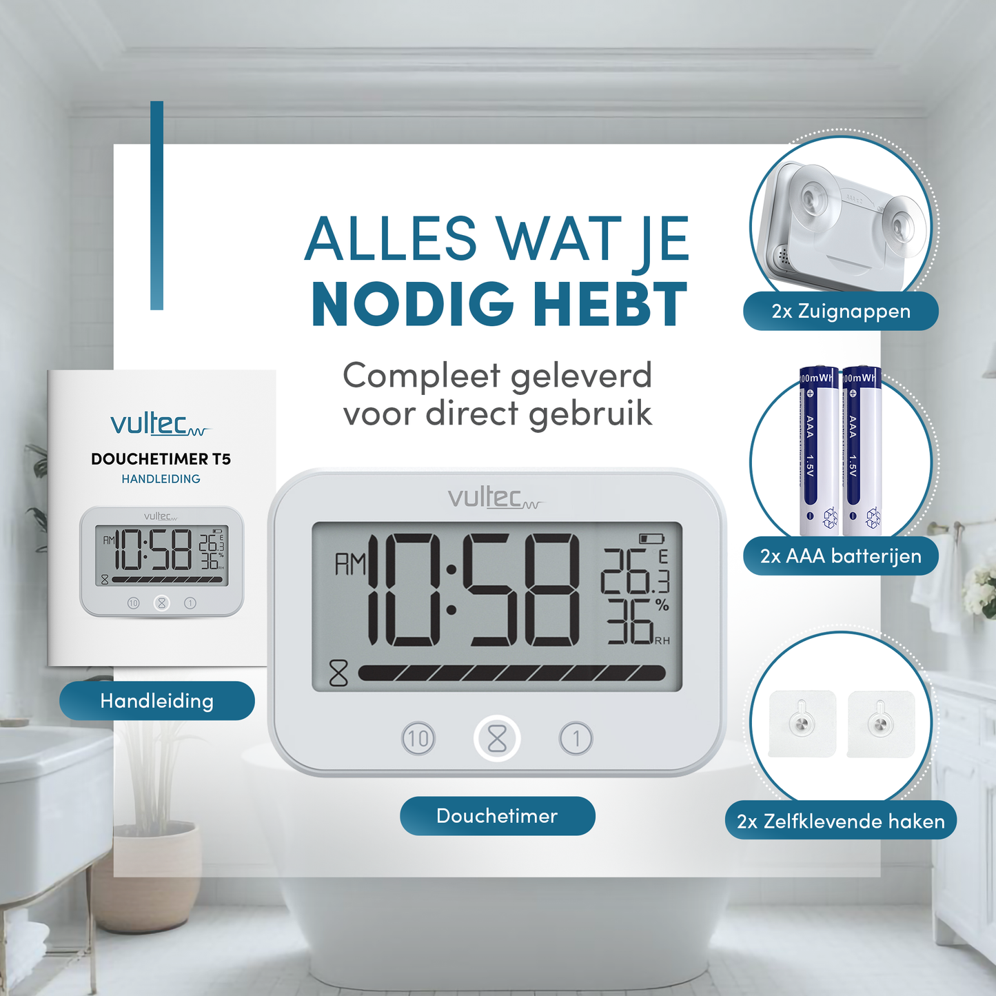 Douchetimer T5 - Digitale waterdichte timer - Digitaal - Wit - IPX4
